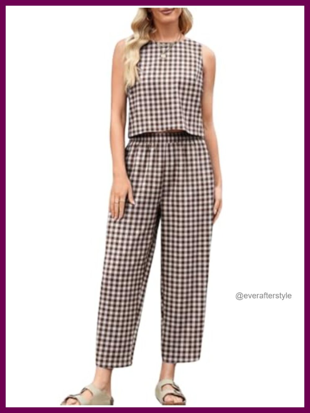 Womens Cotton Gingham 2 Piece Outfit Tank Top Wide Leg Pants Set Sleeveless